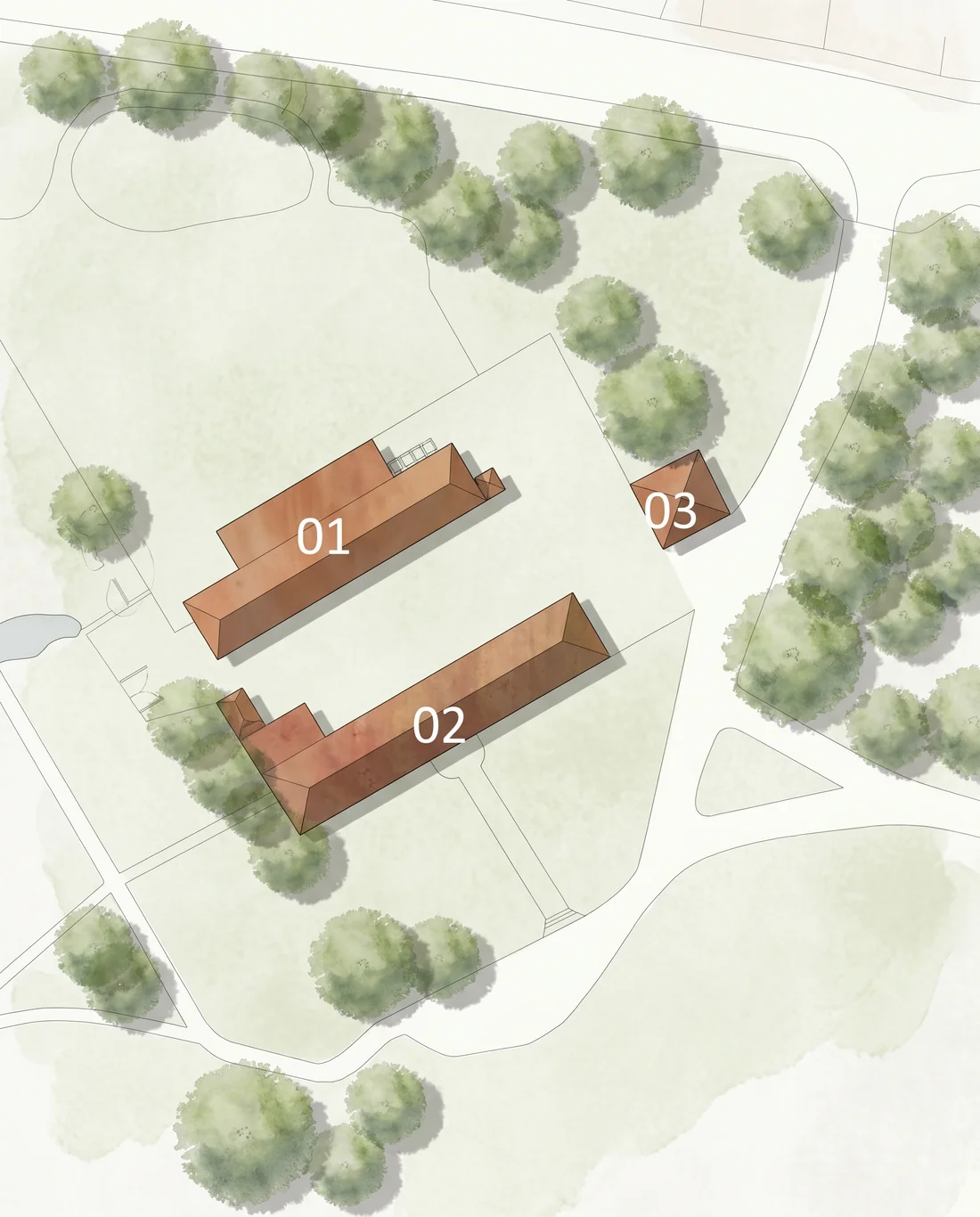 Site plan showing the stables building and lean-to, storage building and coach house