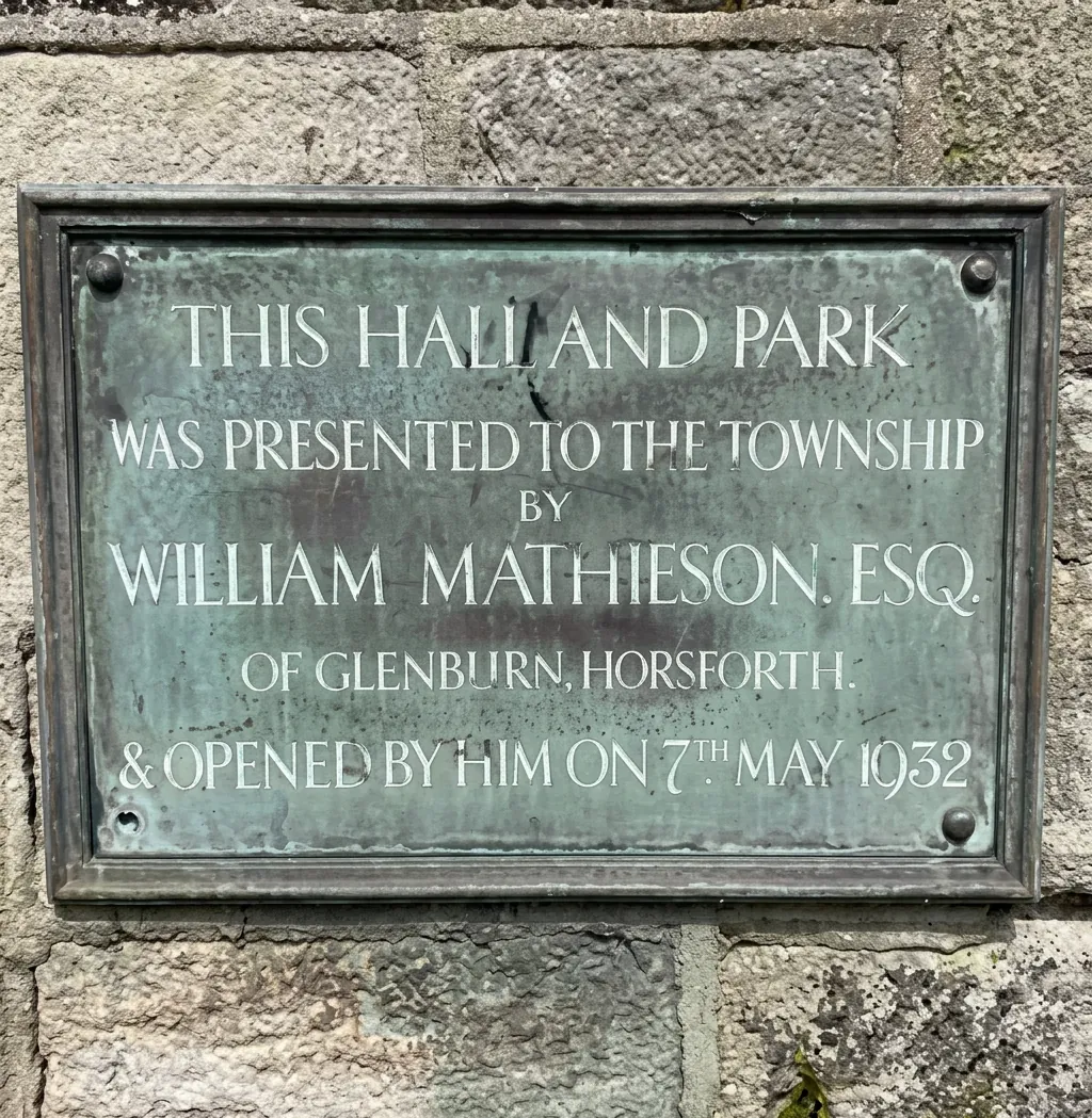 The 1932 plaque recording the gift of the Hall and Park by William Mathieson
